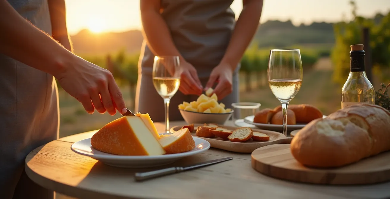 Rustic outdoor table setup with wine and cheese at campsite during golden hour