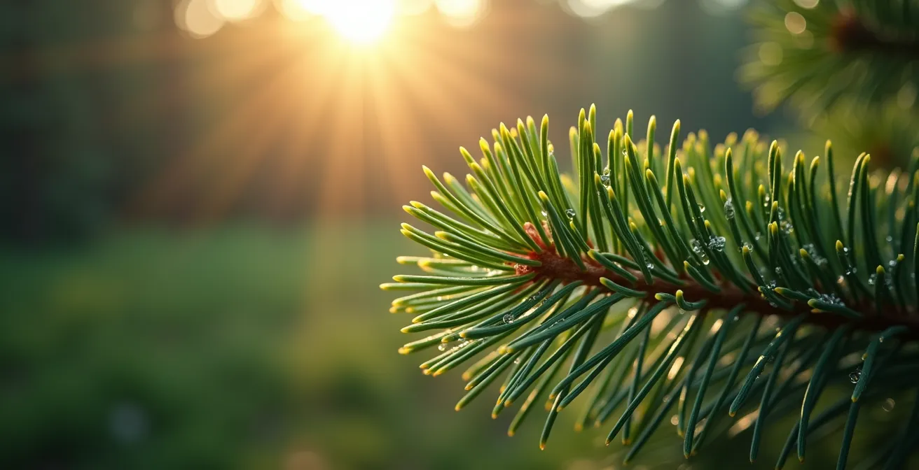Close-up view of pine needles with sunlight filtering through, showing natural aromatherapy elements