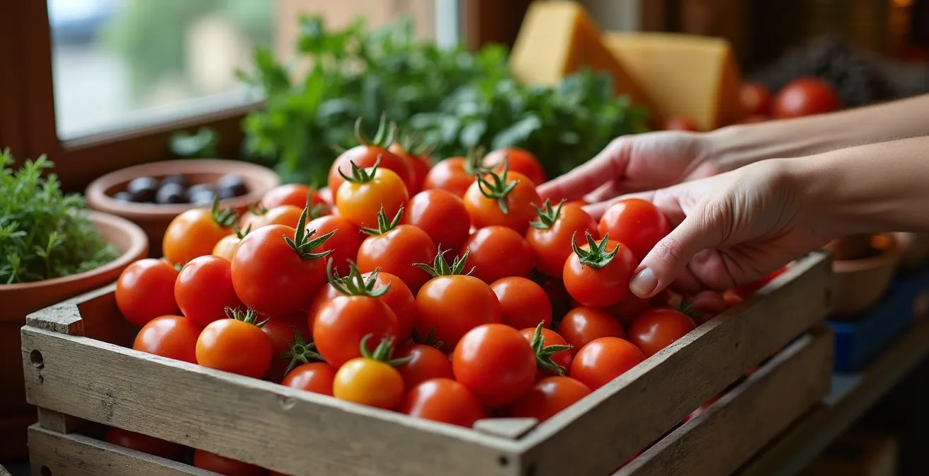 Elegant display of premium French market ingredients arranged on rustic wooden surface