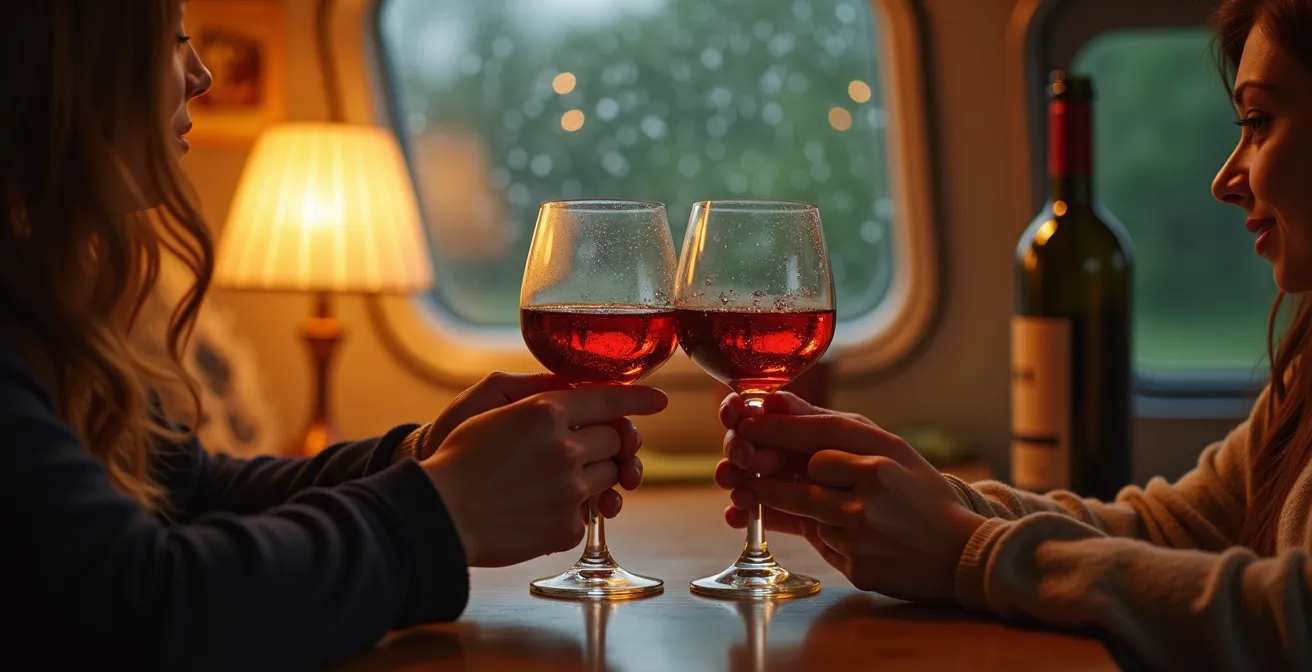 A cozy, intimate shot of two people's hands clinking wine glasses inside a warm campervan, with rain-streaked windows in the background.