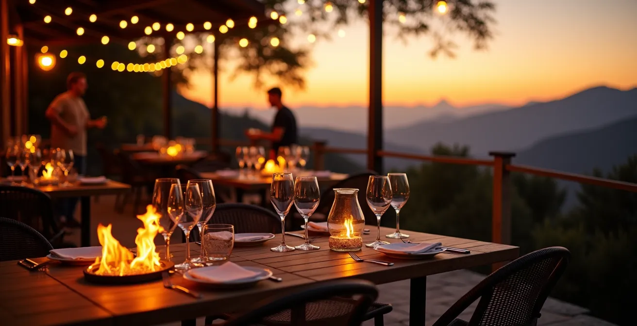 Outdoor restaurant terrace transitioning from golden hour to evening with ambient lighting