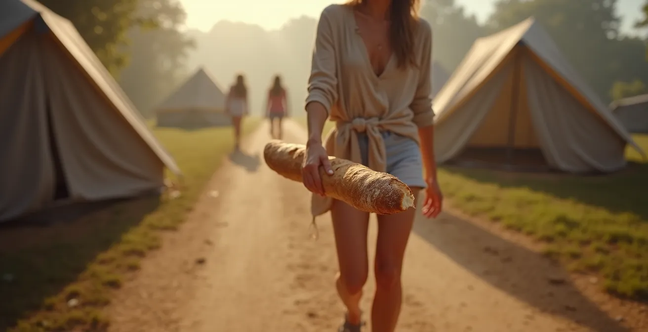 Person walking back to campsite with a fresh baguette, the end piece torn off and being eaten