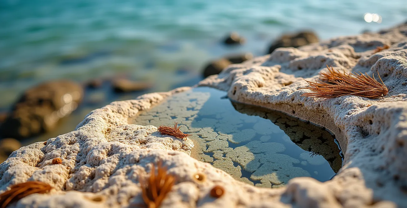 Aerial view of secluded Mediterranean cove at sunrise with crystal waters and pine-covered cliffs