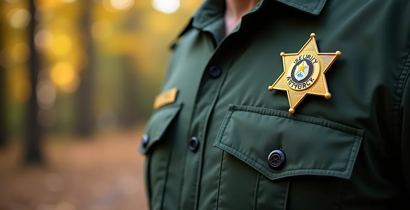 Professional campsite security guard in approachable uniform demonstrating proper identification