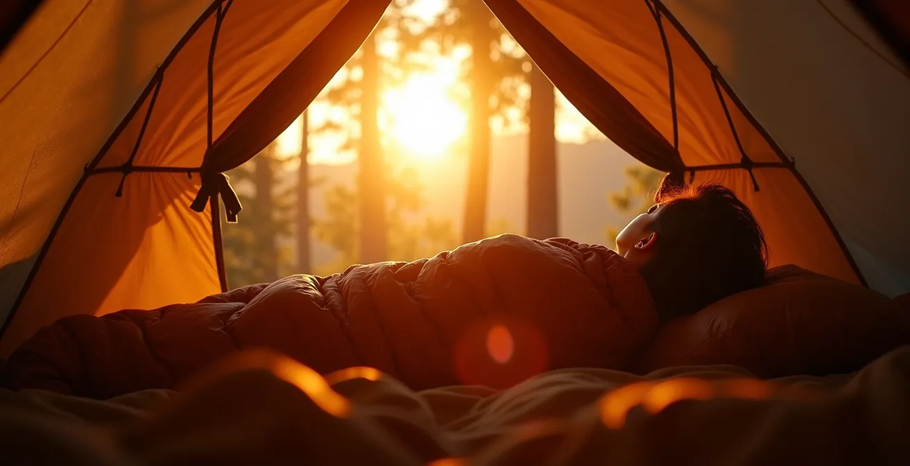 Soft golden sunrise light filtering through translucent tent fabric creating a warm pattern representing natural awakening