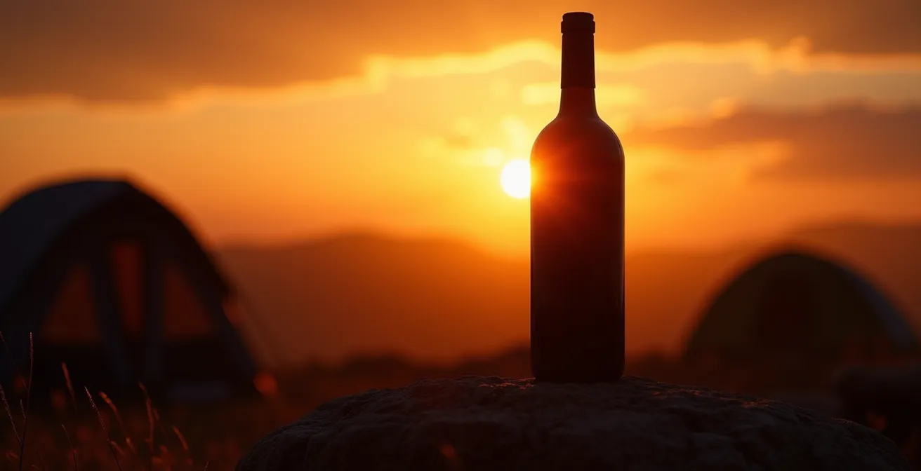 Silhouette of a single wine bottle on a rock against a dramatic golden and purple sunset at a campsite.