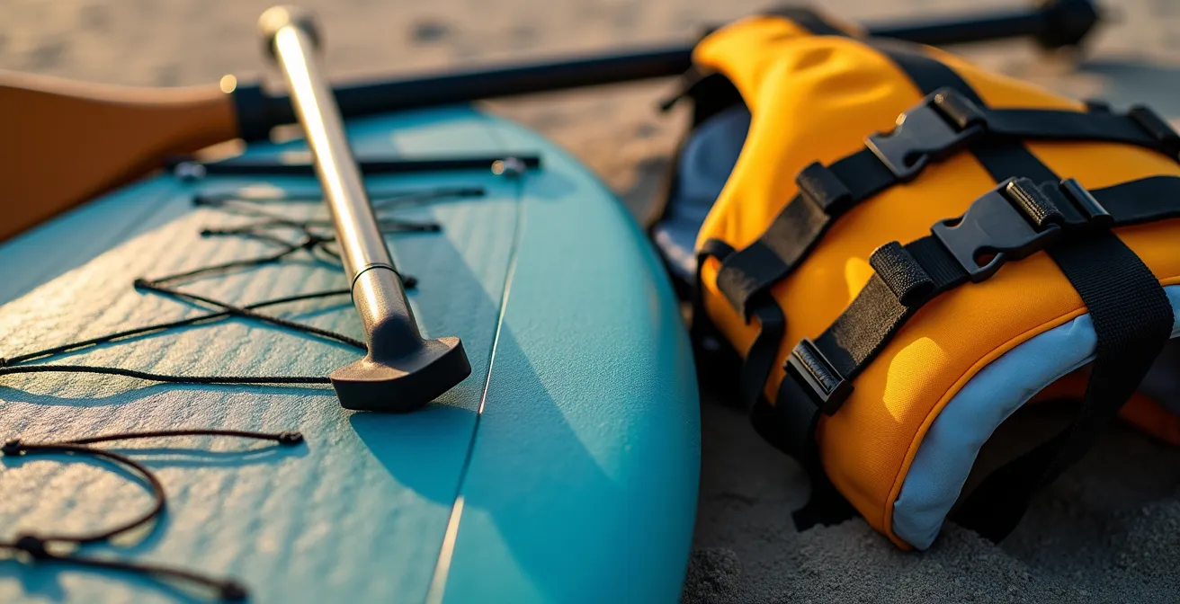 Close-up of professional water sports equipment arranged on beach showing quality details