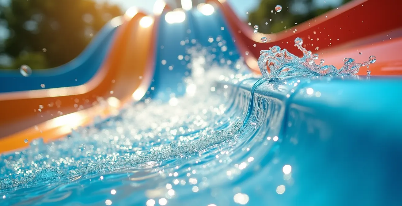 Close-up of water rushing down a colorful slide with abstract patterns