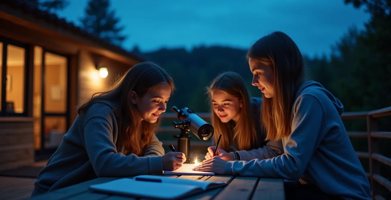 Teenagers engaged in astronomy activities at an eco-lodge under starlit sky