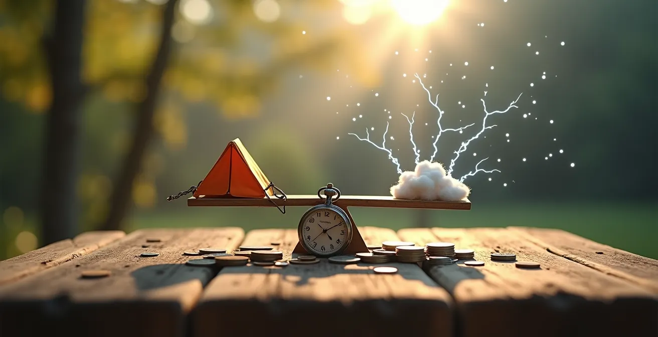 Visual metaphor for travel insurance decision making with a balance scale comparing the cost of insurance against the risk of a storm.