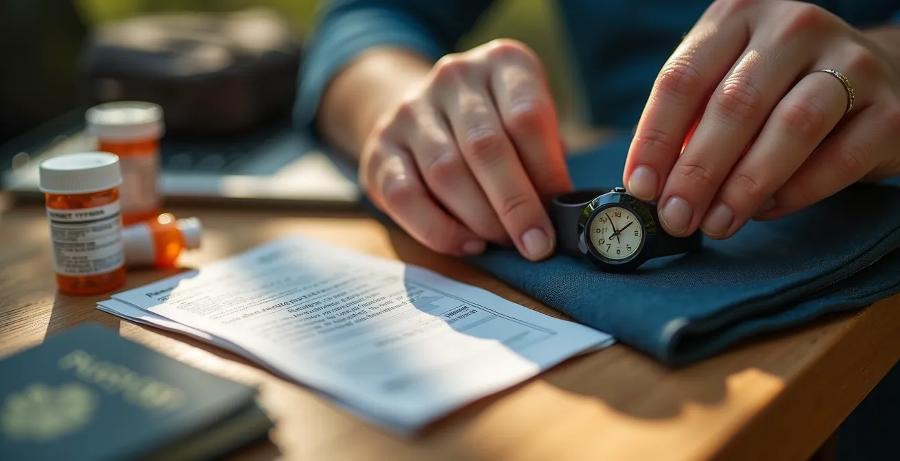Person organizing medical documents and laptop for pre-travel communication