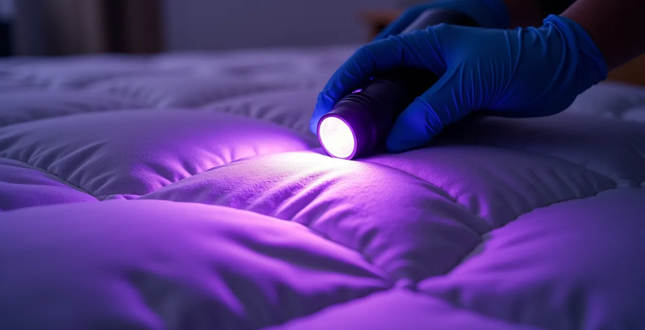 Close-up view of hands using UV flashlight to inspect mattress surface revealing hidden stains in purple light