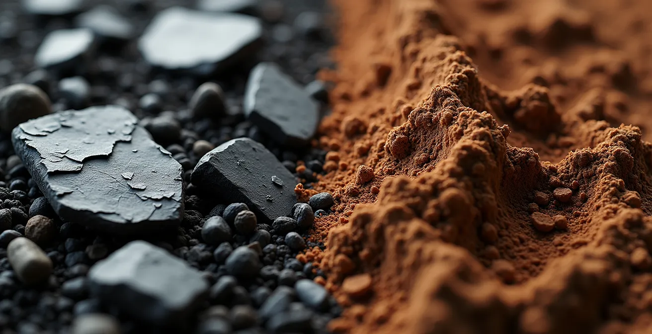 Close-up comparison of slate and clay soil textures from wine vineyards