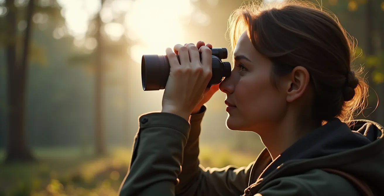 Person observing wildlife through binoculars at a safe distance in nature