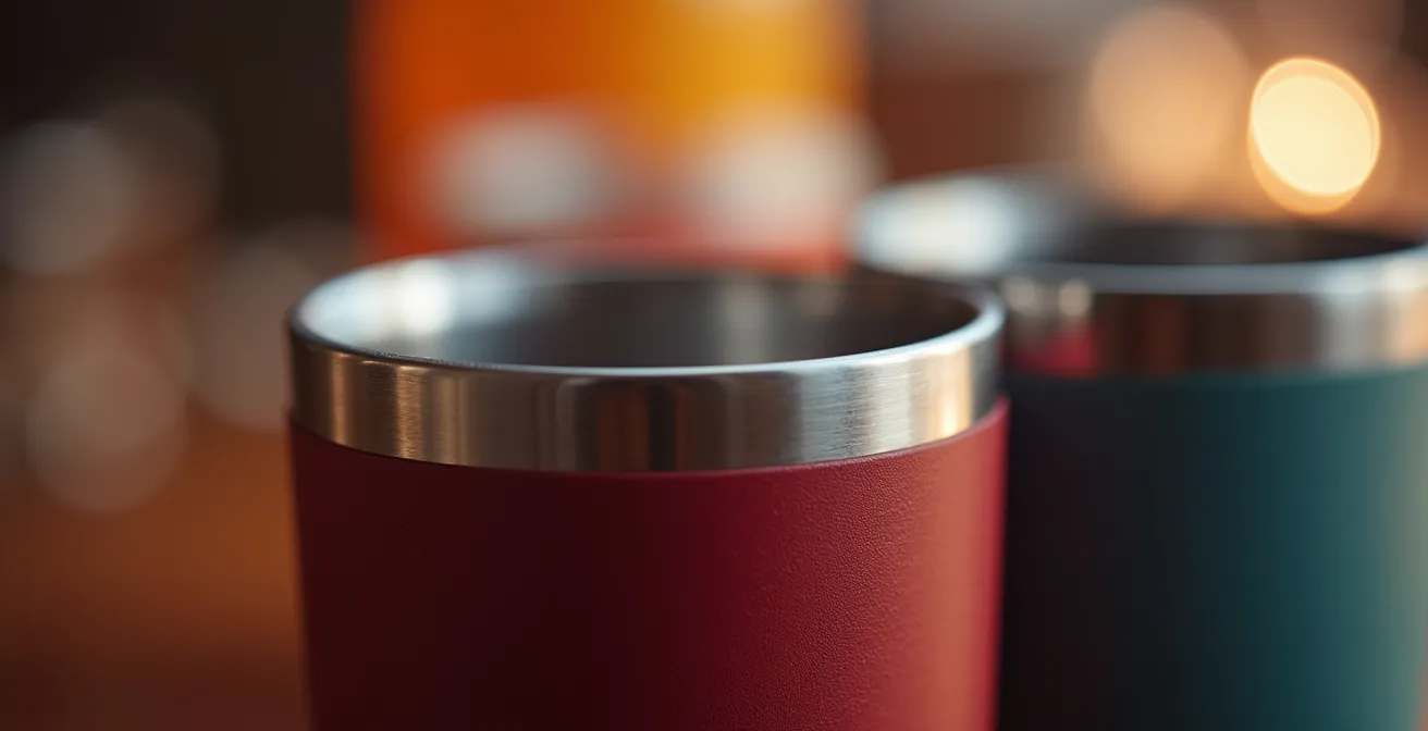 Various camping wine glasses, including polycarbonate and stainless steel, arranged on a rustic wooden surface at a campsite.