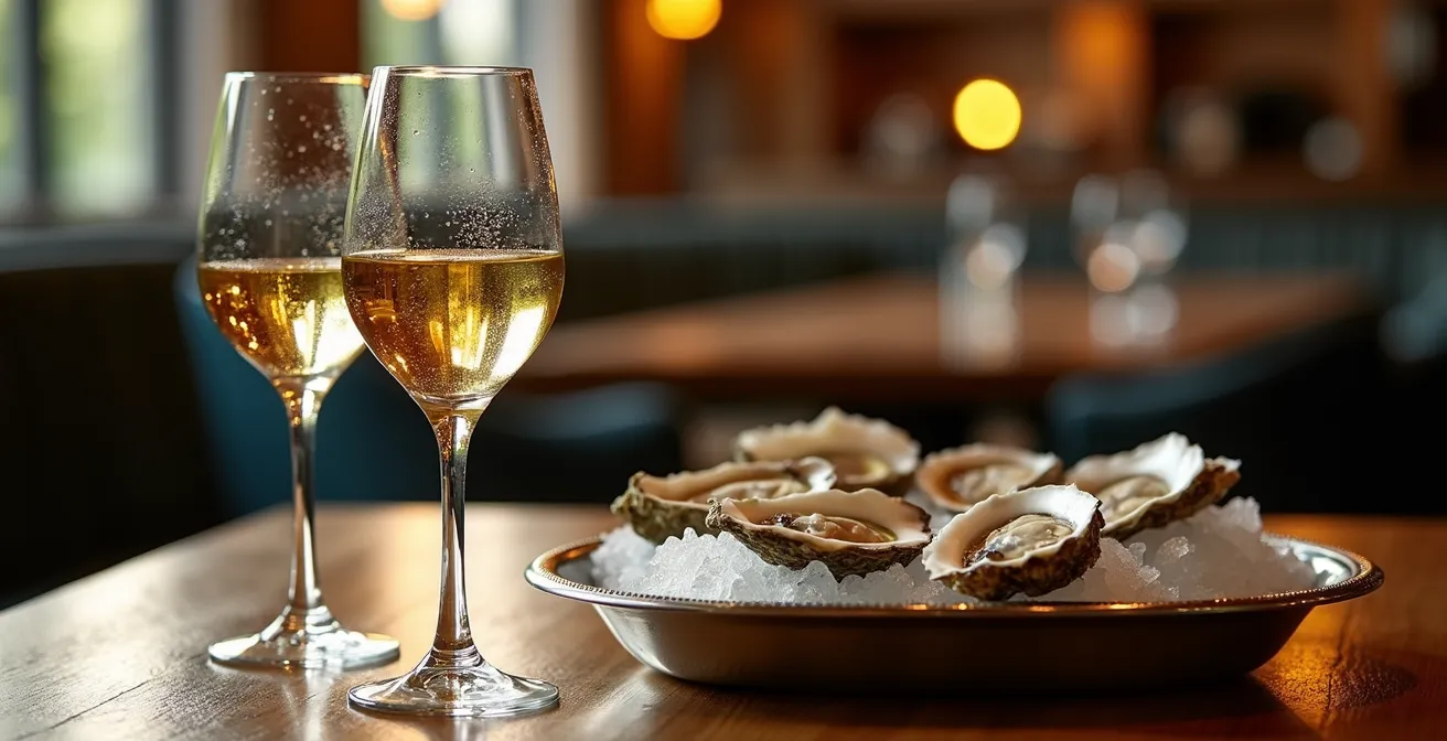 White wine glasses arranged beside fresh oysters on ice for tasting comparison