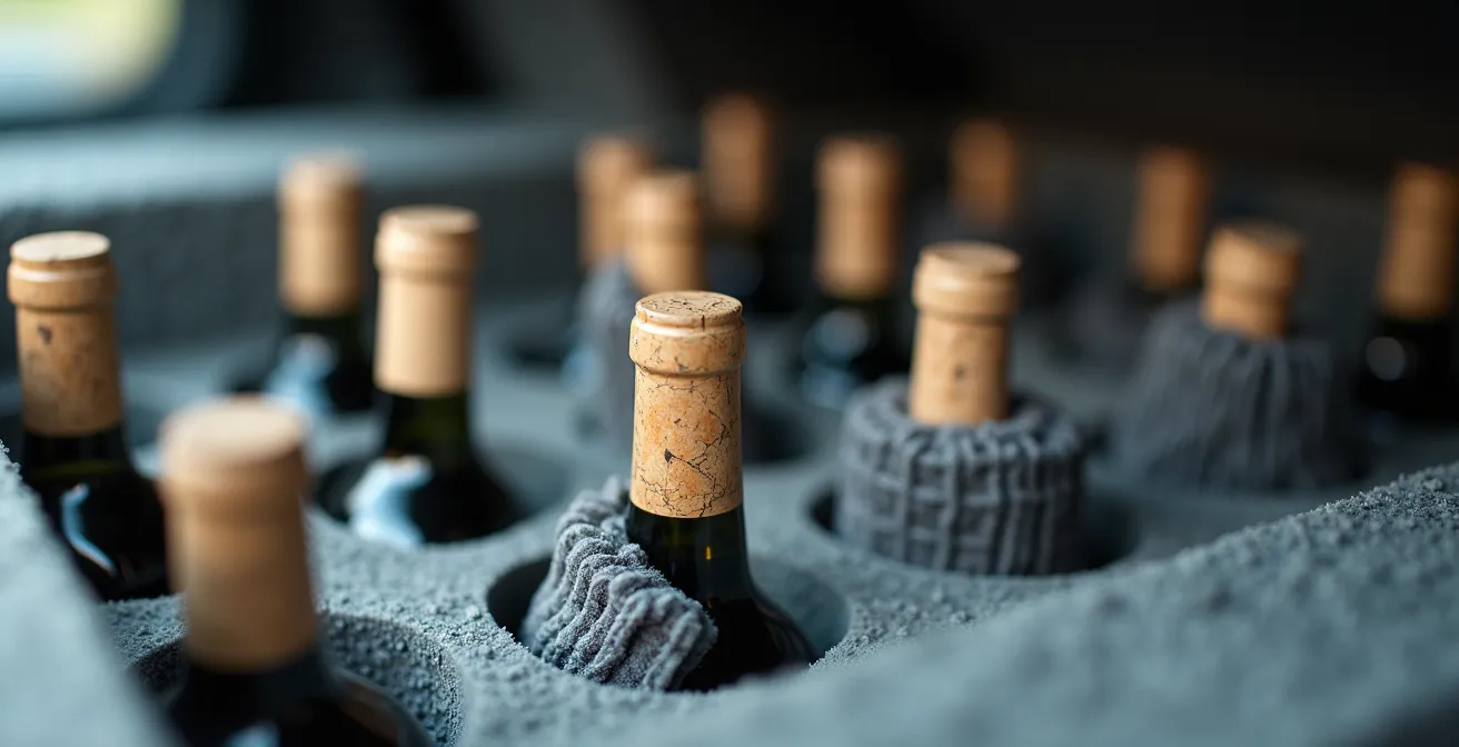 Interior view of organized wine storage system in campervan with protective materials