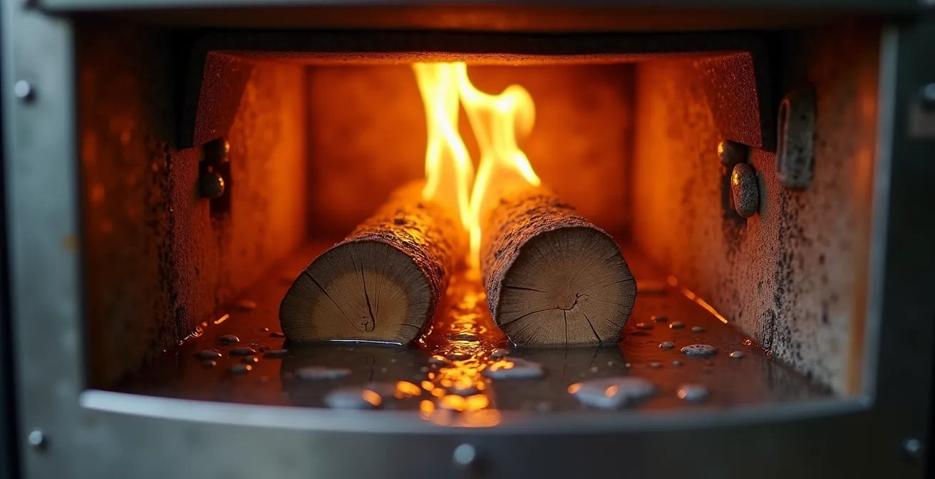 Close-up of wood stove heating a Nordic bath with visible steam and glowing embers