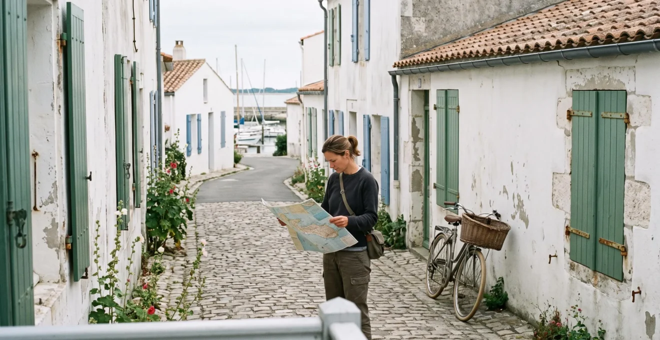 A woman checking a map on a quiet harbour street in Ars-en-Ré.
