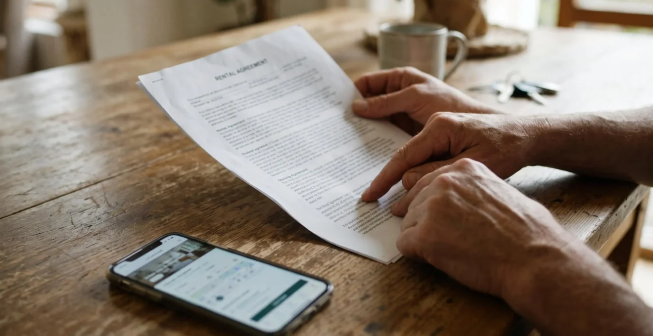 Hands pointing to a clause on a printed rental agreement at a villa table.