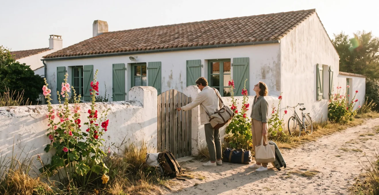 A couple arriving at a whitewashed villa with green shutters on Île de Ré.